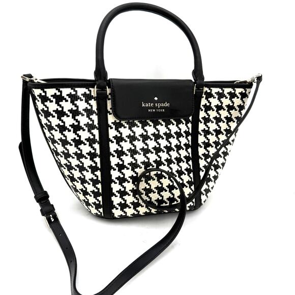 Kate Spade New York Cruise Houndstooth Patterned Straw Medium Tote Crossbody - Picture 1 of 11